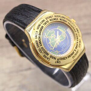 Vintage Solina Watch Unisex Gold Tone Stainless Steel World Time Black Leather